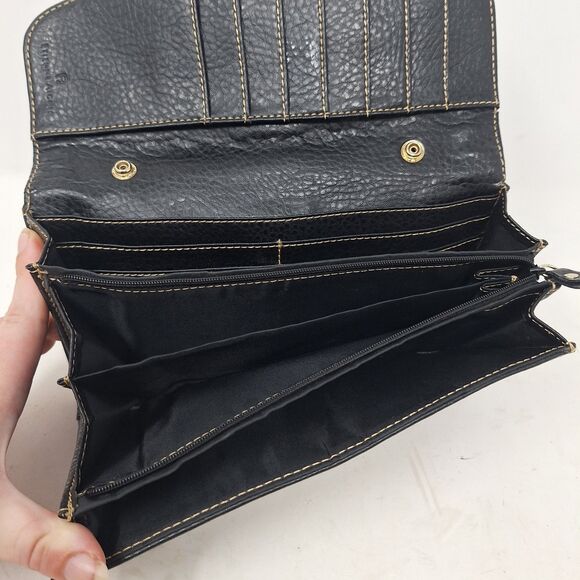 Etienne Aigner Brown Black Leather Signature Jacquard Accordian Snap Wallet - Picture 10 of 13